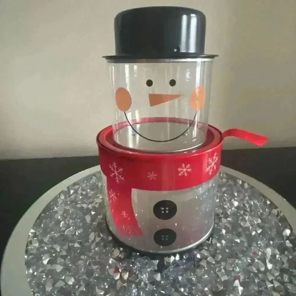 Vintage transparent clear Whimsical 3 Stackable  Holiday Snowman Tin by Crofton